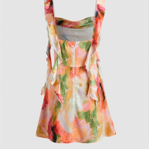 SATIN RUCHED RUFFLE HEM MINI DRESS - CIDER - Picture 2 of 3